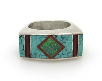 Sterling Silver E Benally Ring - Size 6.5 - Inlay Opal, Turquoise, Onyx, Coral Ring - Geometric - Vintage Unisex Ring # 5703