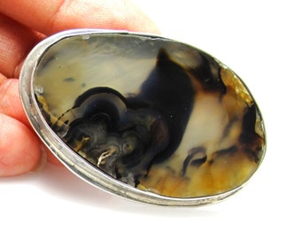 Vintage Agate Brooch - Dendritic Large Oval Agate Stone Sterling Silver Brooch - Weight 24.6 Grams - Hand Carved Engrave on Back # 1142