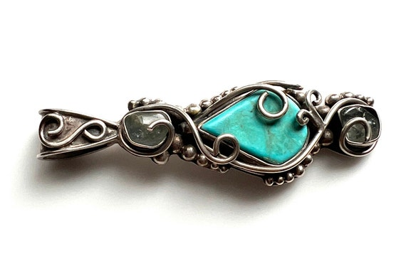 Sterling Silver Large Blue Turquoise Pendant - Si… - image 4
