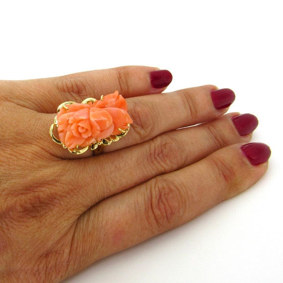 14K Yellow Gold Coral Ring - Size 5.75 - Genuine … - image 9