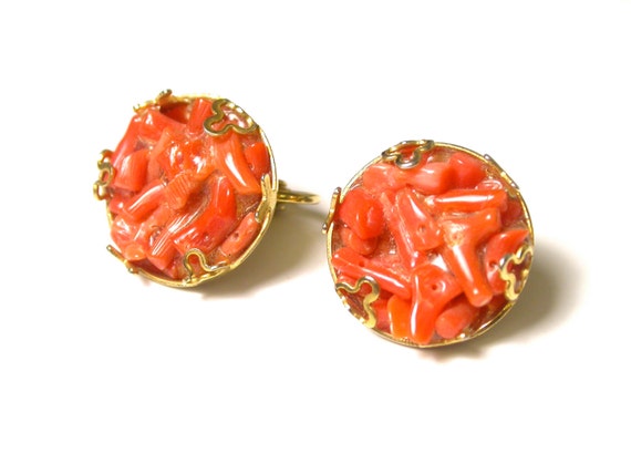 Coral Earrings - Gold Plated Clip-On Earrings - O… - image 2