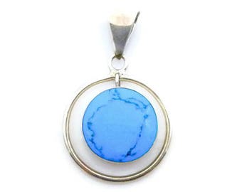 Sterling Silver Turquoise Dangle Round Pendant - Weight 17.4 Grams - Stamped Mexico 925 - Large Round Pendant - Blue Turquoise # 4515