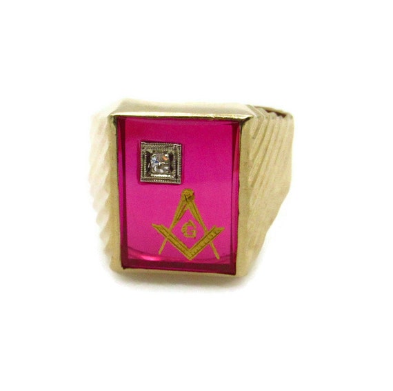 10K Yellow Gold Diamond Ruby Masonic Ring - Size … - image 7