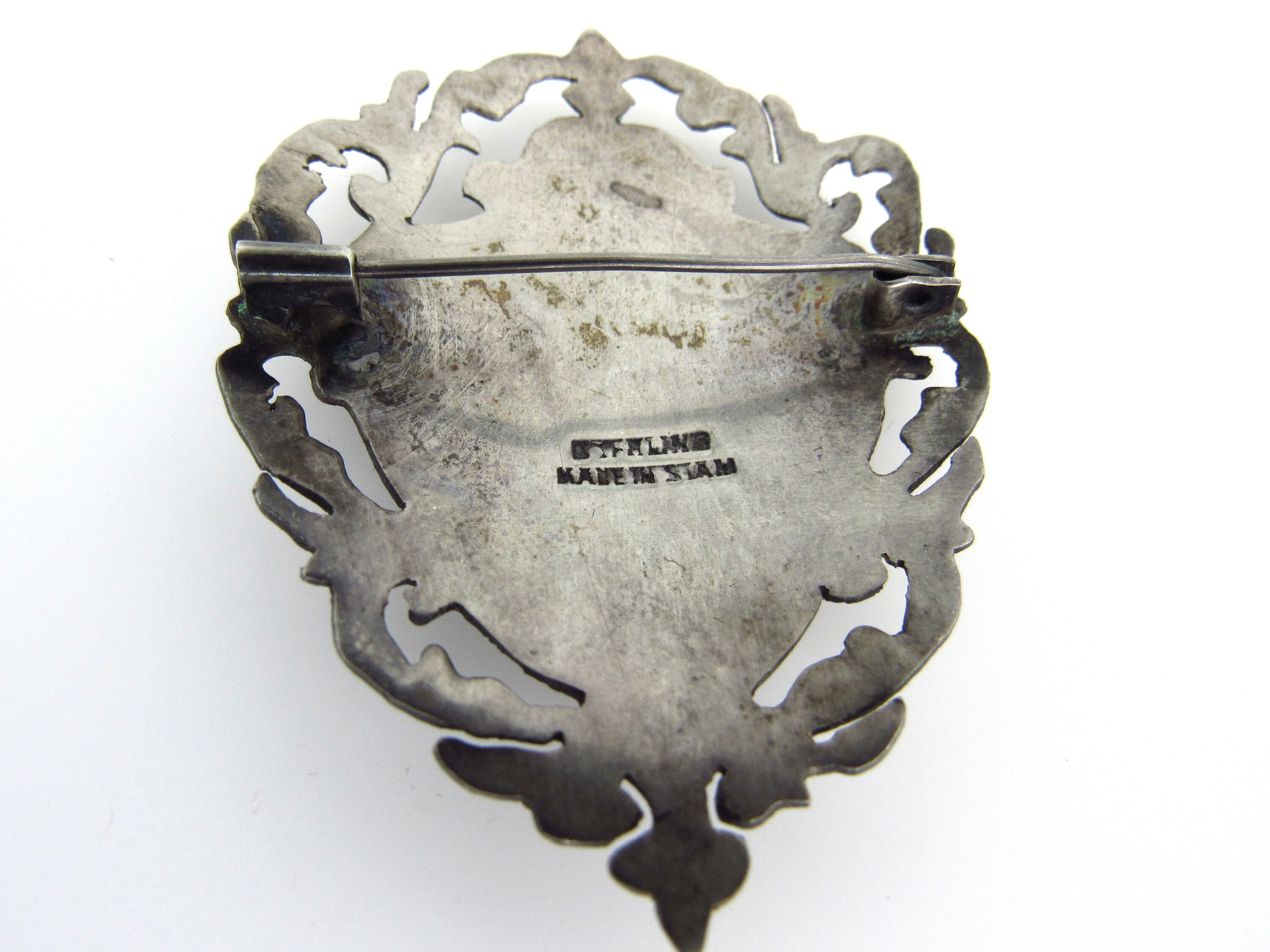 Siam Brooch - Shield Shape Sterling Silver Thailand Niello