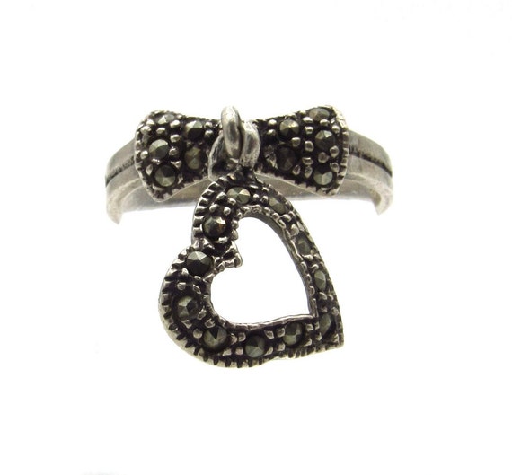 Sterling Silver Heart Marcasite Ring - Size 7.75 … - image 1