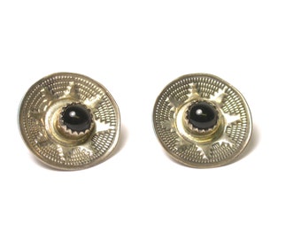 Sterling Silver Onyx Pierced Earrings - Weight 3.8 Grams - Round Stud Earrings # 1455