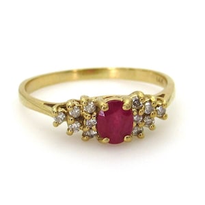 Ruby and Diamond Ring - 14K Yellow Gold Oval Red Ruby and Diamond Ring - Size 7 3/4 - Weight 2.1 Grams - July Birthstone - Love # 86