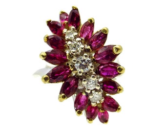 14K White and Yellow Gold Natural Ruby and Diamond Ring - Size 5 - Cocktail Marquise Waterfall Cluster Ring - July Birthstone # 5432