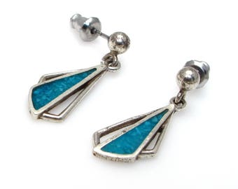 Turquoise Earrings - Sterling Silver Turquoise Dangling Earrings - Blue Turquoise Chips - Post Back - Pierced - Weight 2.2 Grams # 4135