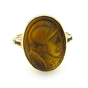 Antique Victorian 10K Yellow Gold Tiger Eye Cameo Ring Size 5 Carved Roman Soldier Warrior Trojan Ring Unisex 5276 image 6