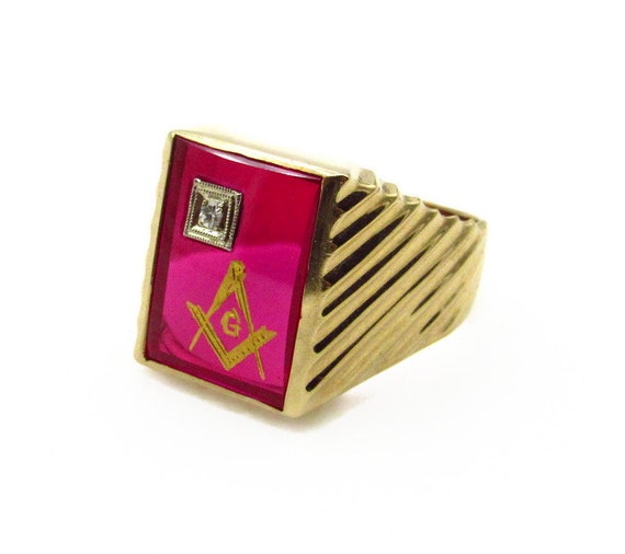10K Yellow Gold Diamond Ruby Masonic Ring - Size … - image 3