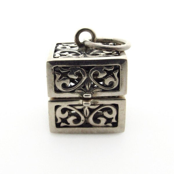 Sterling Silver Prayer Box Pendant - 25 mm Wish Box - Weight 10.1 g - 925 Silver - 3D Memory Cube Square Locket - Mechanical Hinged # 5323