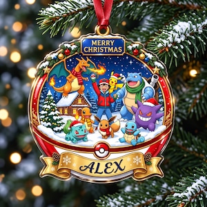 May include: A round Christmas ornament featuring a snowy scene with a character and various creatures, including Charizard, Pikachu, and Bulbasaur. The text Merry Christmas is at the top, and the name Alex is printed on a gold banner at the bottom.