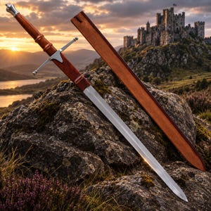 May include: A steel sword with a polished metal crossguard and a smooth, reddish-brown wooden handle topped with a silver-colored pommel. The sword rests alongside a matching reddish-brown leather scabbard on a dark, textured rock surface.