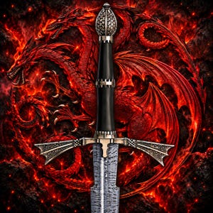 May include: A sword with a patterned metal blade, a black handle, and a silver-colored pommel and crossguard. The crossguard features wing-like extensions. The sword is positioned vertically against a background of three red dragons.