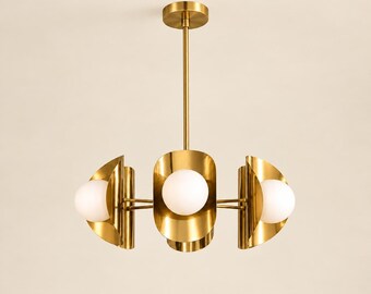 Hand Crafted Brass Chandelier, Opal Glass Globe Light, Sculptural Mid Century Ceiling Light