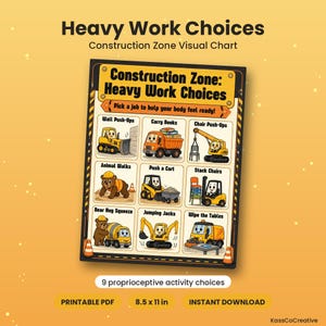 May include: A Construction Zone Heavy Work Choices visual chart featuring nine illustrated activities with construction vehicles and a bear. The text includes "Pick a job to help your body feel ready!" and lists tasks like Wall Push-Ups and Carry Books.