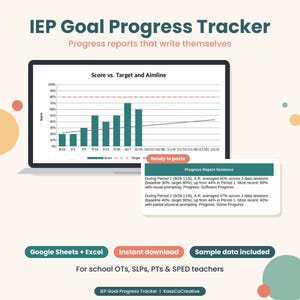 May include: An IEP Goal Progress Tracker digital template featuring a bar graph showing score versus target and aimline data. Includes a text box with progress report sentences, Google Sheets and Excel compatibility, and labels for school professionals.