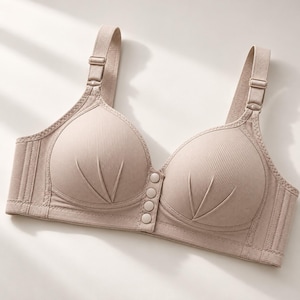 May include: A beige bra featuring a ribbed texture, molded cups with a pleated detail at the base, and a front closure with four circular buttons. The garment includes adjustable elastic shoulder straps and a wide, ribbed band for support.