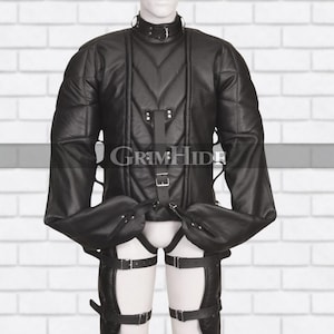 Real Black Leather Straitjacket – Heavy Duty Padded Restraint Jacket with Buckle Straps & Thigh Harness