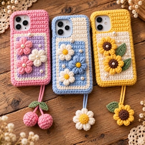 以下が含まれることがあります： ピンク、ブルー、イエローのクロシェ編みカバーが付いたスマートフォンケース3点。ピンクのケースには紫のアクセントとピンクと白の花、ブルーのケースには白と青の花、イエローのケースにはヒマワリがあしらわれています。それぞれにお揃いのチャームが付いています。