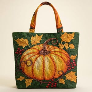 Può includere: Una borsa tote trapuntata con una grande zucca arancione al centro su uno sfondo verde scuro. Il design include foglie d'acero gialle e grappoli di piccole bacche rosse. La borsa ha due manici in tessuto abbinati con stampa a zucche.