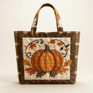 Autumn Tote Bag with Framed Pumpkin and Brown Leaf Print