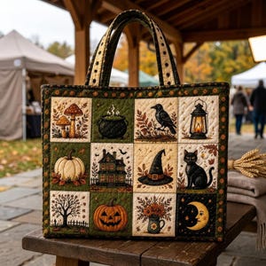 Könnte beinhalten: Eine gesteppte Tragetasche mit einem Raster aus zwölf quadratischen Feldern mit Herbst- und Halloween-Motiven, darunter Pilze, ein Kessel, eine Krähe, eine Laterne, ein Kürbis, ein Spukhaus, ein Hexenhut, eine schwarze Katze, ein Baum, ein geschnitzter Kürbis, Blumen und eine Mondsichel.