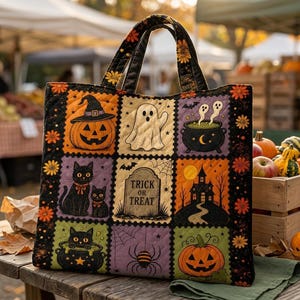 Può includere: Una borsa tote trapuntata con una griglia di quadrati a tema Halloween che includono zucche, fantasmi, gatti neri, un calderone, un ragno e una lapide con il testo TRICK OR TREAT, il tutto incorniciato da un bordo nero con fiori arancioni.