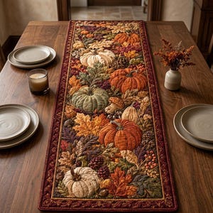 Könnte beinhalten: Ein rechteckiger Tischläufer aus Stoff mit einem gesteppten Herbstmotiv, das verschiedene Kürbisse, bunte Herbstblätter, Tannenzapfen und Beeren in Orange-, Grün- und Brauntönen zeigt, eingefasst mit einer dunkelroten Bordüre auf einem Holztisch.