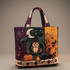 Può includere: Una borsa tote trapuntata con una stampa a tema Halloween che raffigura un gufo centrale, una luna crescente, un corvo nero, zucche, un falò e ragnatele. Il design presenta pannelli di colore viola, verde scuro e arancione con dettagli floreali.