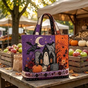 May include: A quilted tote bag featuring a Halloween-themed print with a haunted house, a ghost, a black crow, pumpkins, and a crescent moon. The design includes purple and orange panels with spiderwebs, floral accents, and two fabric handles.