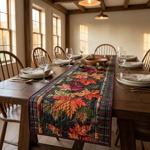 Tischläufer im Steppstil für Thanksgiving, Herbstdeko mit Ahornblättern, rustikale Tischwäsche im Landhausstil, Geschenkidee für Gastgeber im Herbst