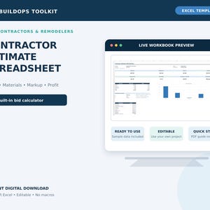 May include: A digital contractor estimate spreadsheet Excel template titled BUILDOPS TOOLKIT. It features a live workbook preview, a built-in bid calculator, and sections for labor, materials, markup, and profit. Includes ready-to-use sample data.