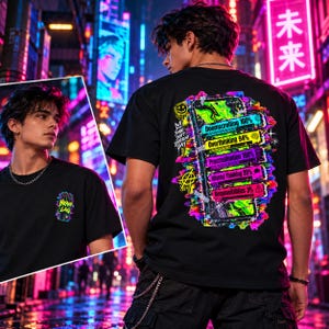 May include: A black t-shirt featuring a small neon graphic on the front chest that reads Brain Lag. The back displays a large, vibrant smartphone illustration with progress bars labeled Doomscrolling 100%, Overthinking 94%, Procrastination 100%, Wishful Thinking 20%, and Responsibilities 3%.