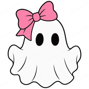 Op de afbeelding: Een witte spookillustratie met een dikke zwarte omlijning, voorzien van twee effen zwarte ovale ogen en een grote, felroze strik aan de linkerbovenkant van het hoofd. Het spook heeft een afgeronde bovenkant en een golvende, geschulpte onderrand.