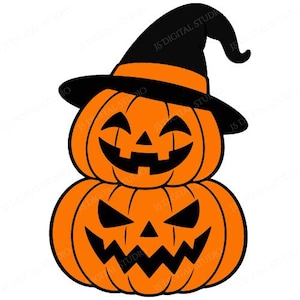Può includere: Una pila di due zucche arancioni con volti intagliati in nero. La zucca superiore indossa un cappello da strega nero con una fascia arancione. Entrambe le zucche presentano occhi, nasi e bocche seghettate neri in questa illustrazione.