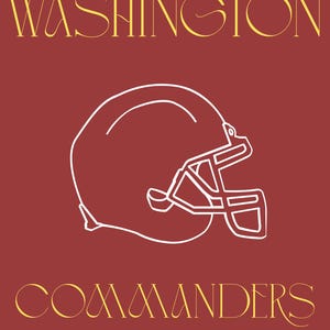 May include: A maroon rectangular sign with a scalloped edge featuring the word WASHINGTON in gold serif font at the top and COMMANDERS in gold serif font at the bottom. A white line drawing of a football helmet is centred between the text.