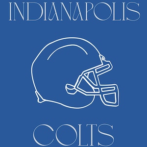 May include: A blue rectangular sign with a scalloped edge featuring a white line drawing of a football helmet in the center. The text INDIANAPOLIS is printed in white at the top, and the word COLTS is printed in white at the bottom.