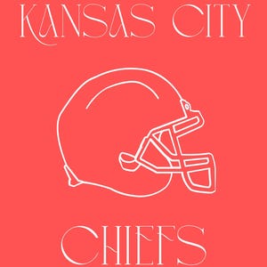 May include: A vibrant coral-red rectangular graphic print featuring a white line-art illustration of a football helmet in the center. The text KANSAS CITY is printed in white above the helmet, and the word CHIEFS is printed in white below it.
