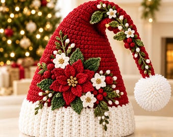 May include: A red crocheted Santa hat with a white ribbed brim and a white pom-pom at the tip. The hat is decorated with crocheted green leaves, red berries, and white flowers arranged in a floral cluster on the front and along the side.