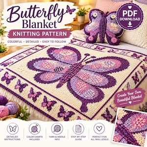 Könnte beinhalten: Eine PDF-Strickanleitung für eine Schmetterlingsdecke mit einem großen zentralen lila-rosa Schmetterlingsmotiv auf cremefarbenem Grund und einer Bordüre aus kleinen Schmetterlingen. Enthält ein passendes Schmetterlingskissen und Wollknäuel.