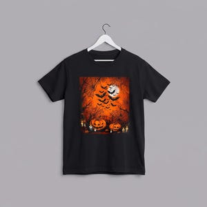 May include: A black short-sleeve t-shirt featuring a graphic print of a Halloween scene. The design displays two carved jack-o'-lanterns, glowing candles, spiderwebs, bare tree branches, a full moon, and a flock of bats against an orange background.