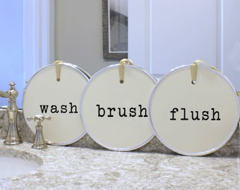 Wash Brush Flush - Flush Sign - Bathroom Sign - Bathroom Art - Wash Sign Kids Bathroom - Cottage Bathroom - Bathroom Rules - Cottage Decor