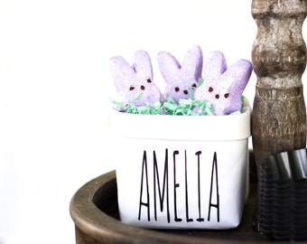 Personalized Easter Tiered Tray Decor First Name Happy Pot for Spring - Rustic Farmhouse Mini Plant or Flower Vase- Washable Paper Bag