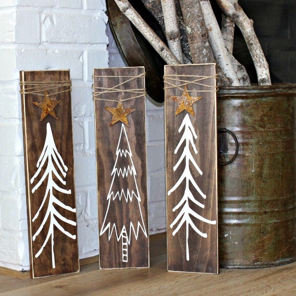 Rustic Christmas Tree Signs - Rustic Christmas Decor - Christmas Stars - Rustic Signs with Twine - Set of 3 - Three Blue Owls Skinny Trees