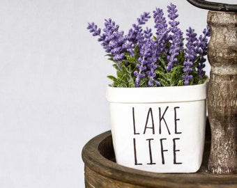 Lake LIfe Tiered Tray Decor Happy Pot - Rustic Farmhouse Style - Shelf Sitter - Mini Plant Flower Vase- Washable Paper Bag