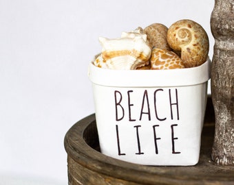 Beach LIfe Tiered Tray Decor Happy Pot - Rustic Farmhouse Style - Shelf Sitter - Mini Plant Flower Vase- Washable Paper Bag