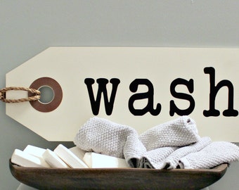 Rustic Farmhouse Bathroom Sign - Kids Bathroom Decor - Wash Brush Flush Soak Rinse Relax Floss Smile - Typewriter Hang Tag with Rope Hanger