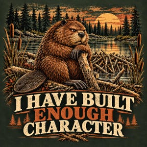 Könnte beinhalten: Eine grafische Illustration eines braunen Bibers, der auf einem hölzernen Damm in einem See bei Sonnenuntergang ruht, umgeben von Rohrkolben und Kiefern. Der Text I HAVE BUILT ENOUGH CHARACTER steht in großen, fetten, cremefarbenen Buchstaben.